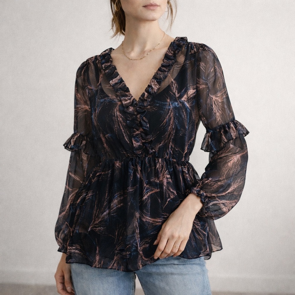 Molly Bracken Sheer Ruffle Blouse XS | Romantic Boho Sheer Floral Top